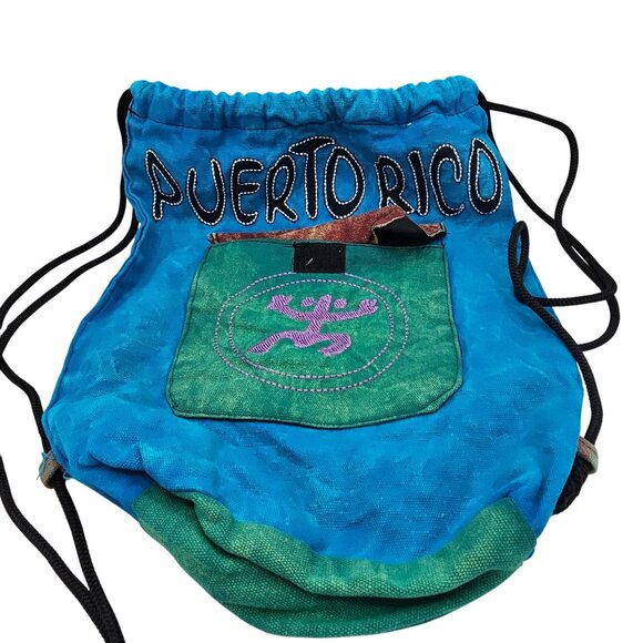 Handcrafted Puerto Rico Drawstring Backpack In Blue & Green With Embroidered Sym - Picture 1 of 7